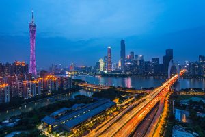 <p>Night sky over Guangzhou, southern China. The city is often cited as one of those most at risk from rising sea levels (Image: Alamy)</p>