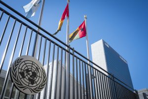 flags outside UN headquarters in New York where the Paris Climate Agreement will be signed by 170 countries today