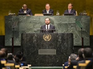 <p>Actor Leonardo DiCaprio speaks at the UN Climate Summit in 2014. His latest documentary Before the Flood has been viewed millions of times online&nbsp;(Image by&nbsp;UN Photo/Mark Garten)</p>