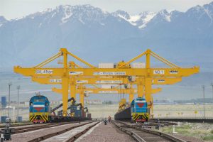 <p>Trains of different gauges, from China and Kazakhstan, transferring loads at the Khorgos “dry port” (Image: Alamy)</p>