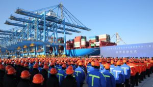 <p>The opening in 2019 of Qingdao’s automated port terminal, complete with hydrogen-powered rail cranes (Image: Alamy)</p>
