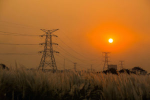 Electricity pylons of the National Grid . Dhaka, Bangladesh