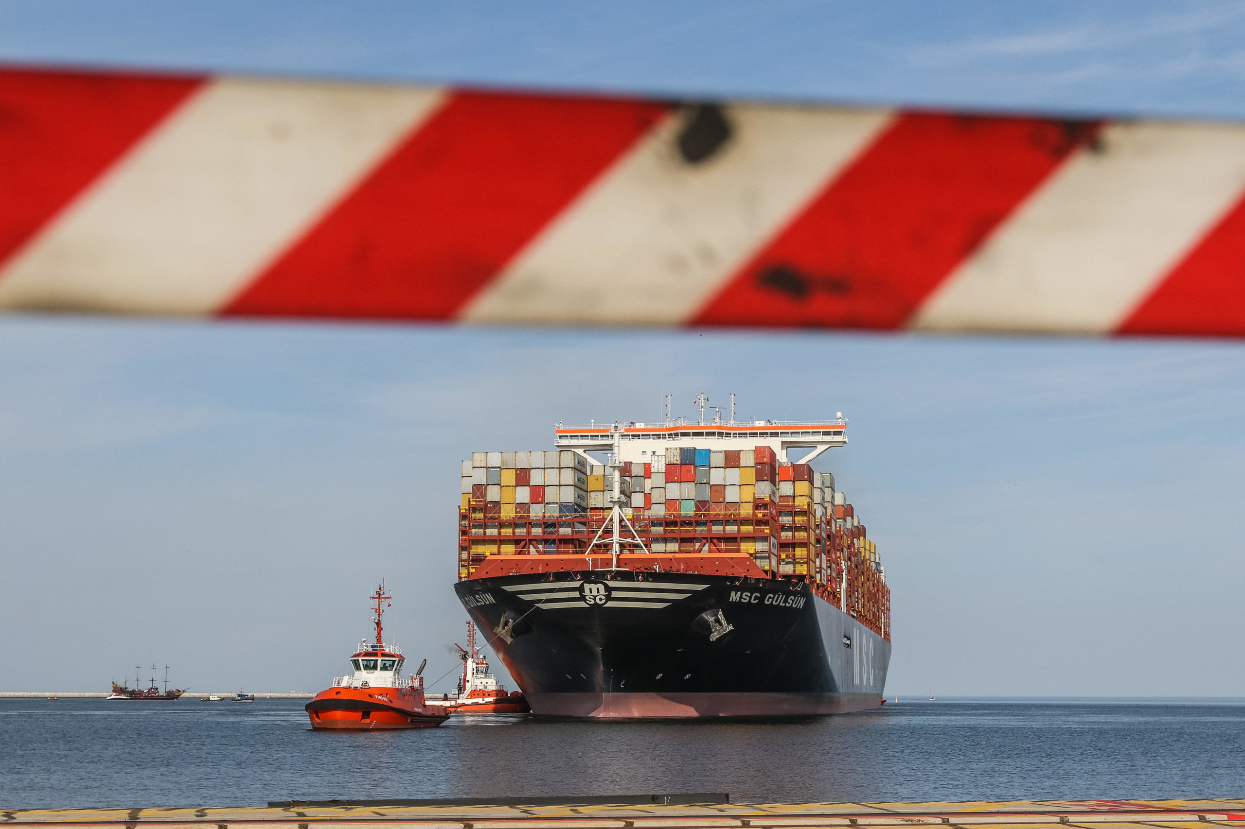 The largest container ship in the world entering the Port of Gdansk, Poland