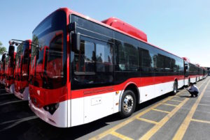 <p>Santiago&#8217;s new electric bus fleet, manufactured by China&#8217;s BYD, arrives in the city (Image: Alamy)</p>