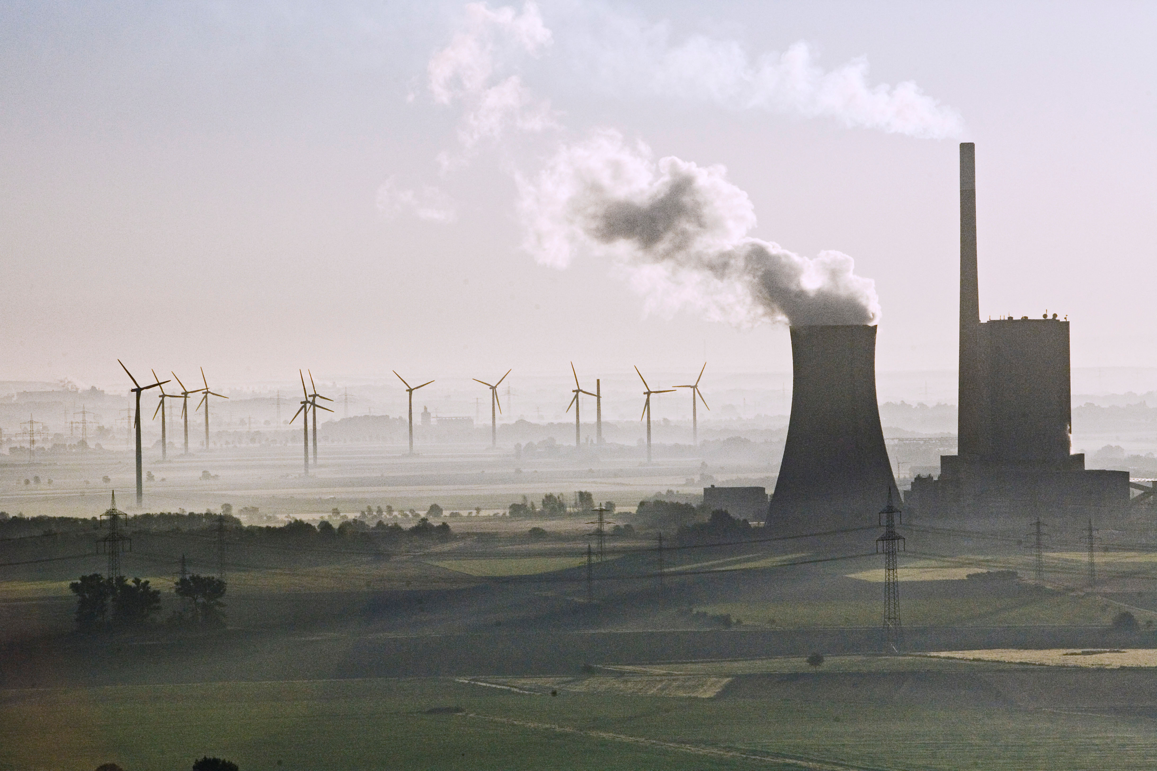 Wind turbines and coal power plant