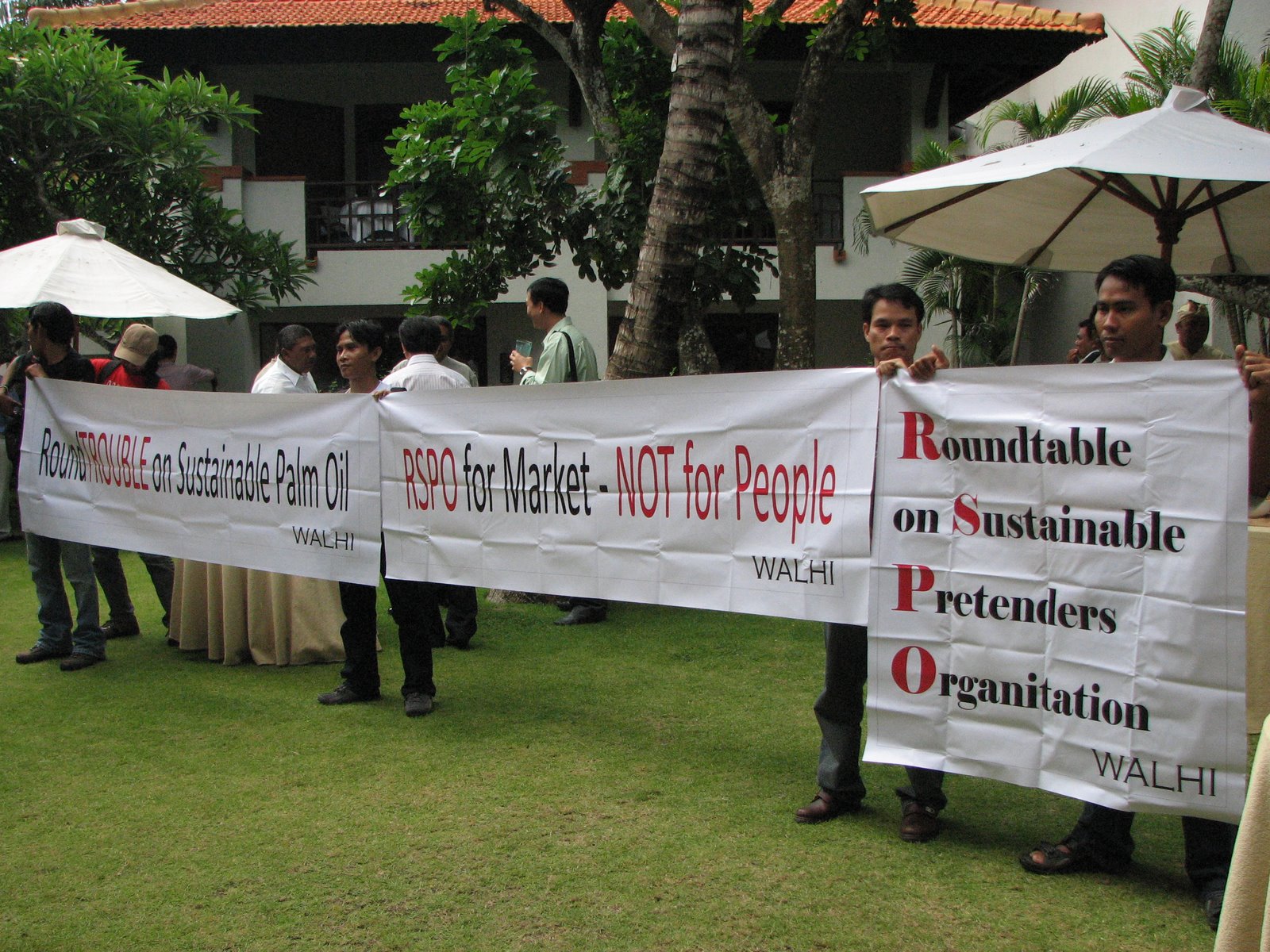 In 2008, Indonesia's leading environmental advocacy NGO, WALHI, staged a protest outside a meeting of the RSPO in Bali. One of the issues they wanted to draw attention to was illegal deforestation in West Kalimantan by agribusiness giants like Cargill, who also run several RSPO-certified plantations in the province.