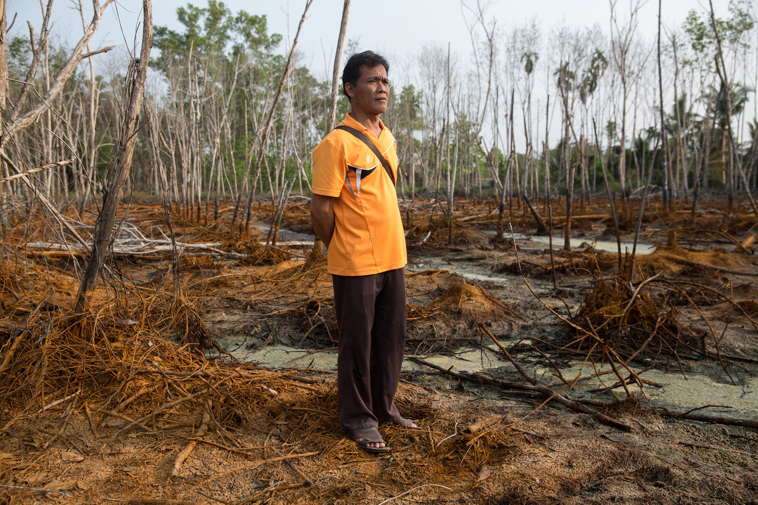 Kh Sanit stands in an area that was previously a rubber plantation but due to polluted water runoff from a nearby factory, everything has died.