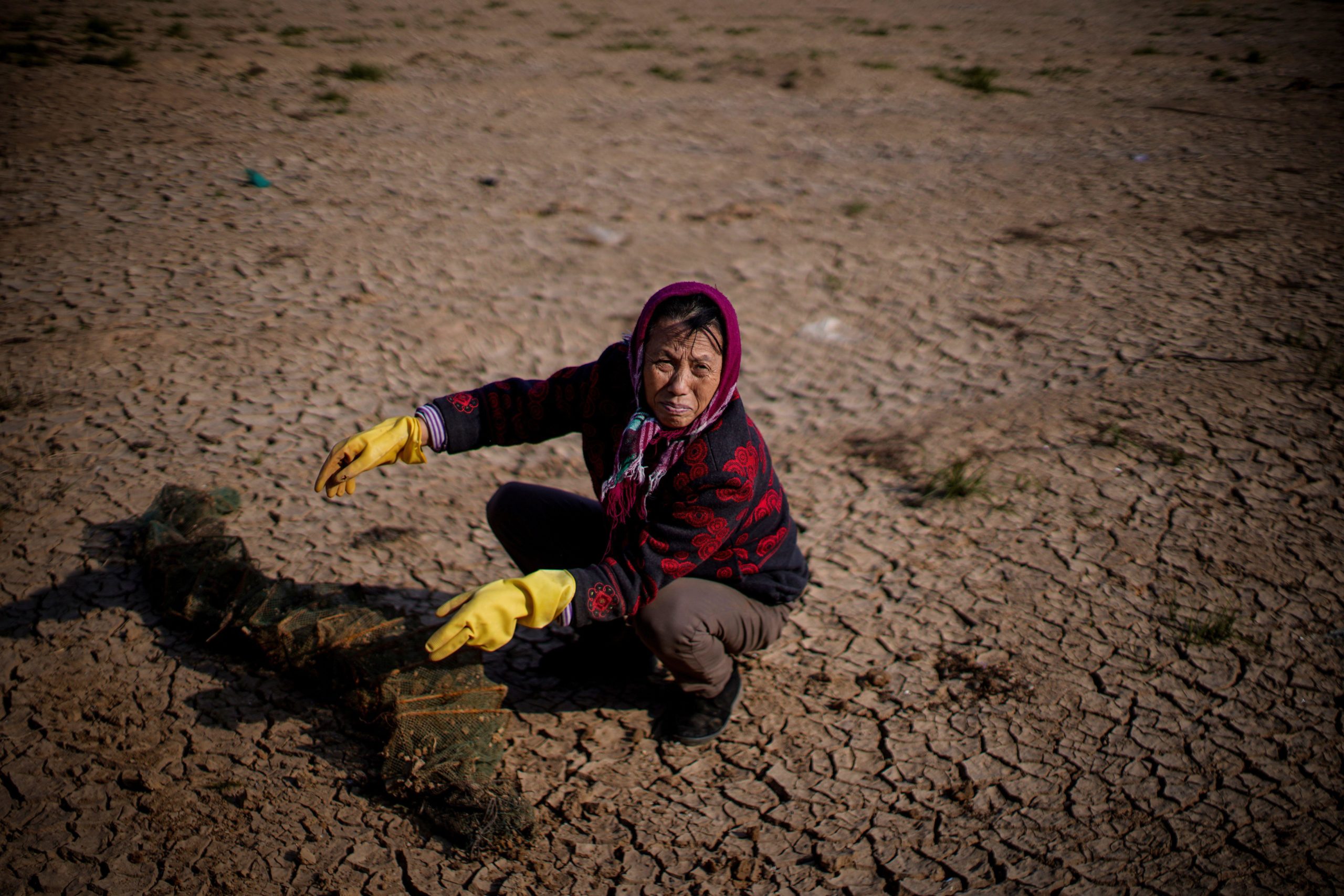 A woman beside a shrimp net on the dried bed of Poyang Lake in 2019