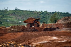 heavy truck seen working at the nickel mining area, Indonesia