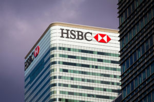 HSBC Bank headquarters building on stormy day in Canary Wharf