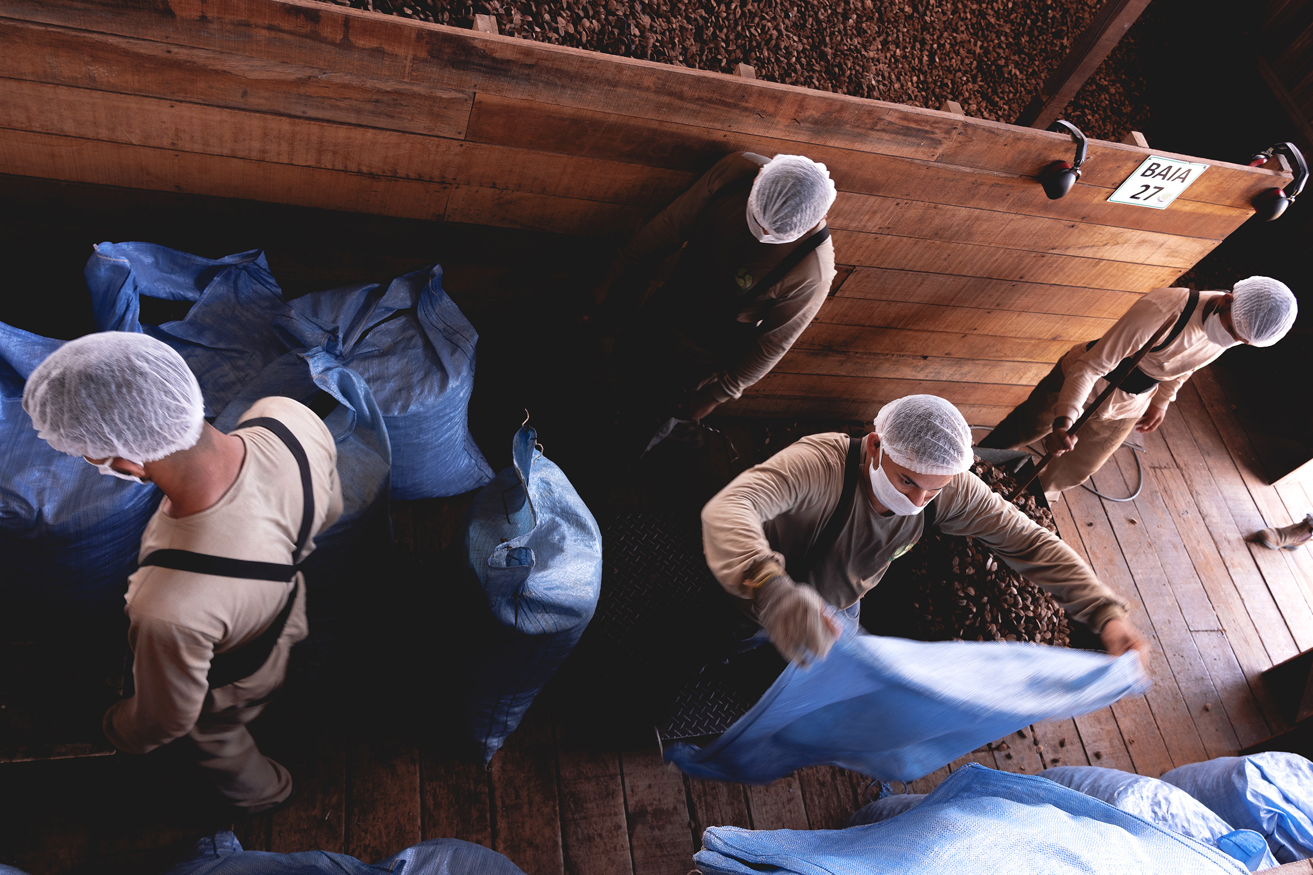 Employees shell and clean Brazil nuts in a processing plant. 