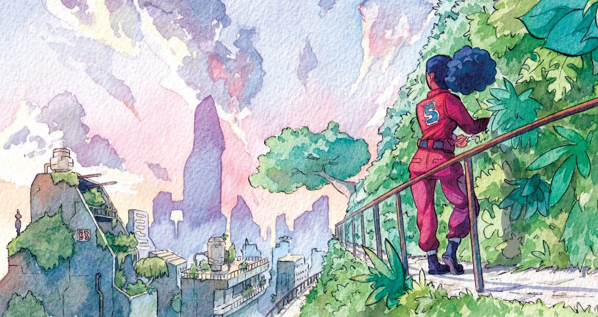A gardener tends to her lot in a solarpunk city. Illustration: Marcel Mosqi