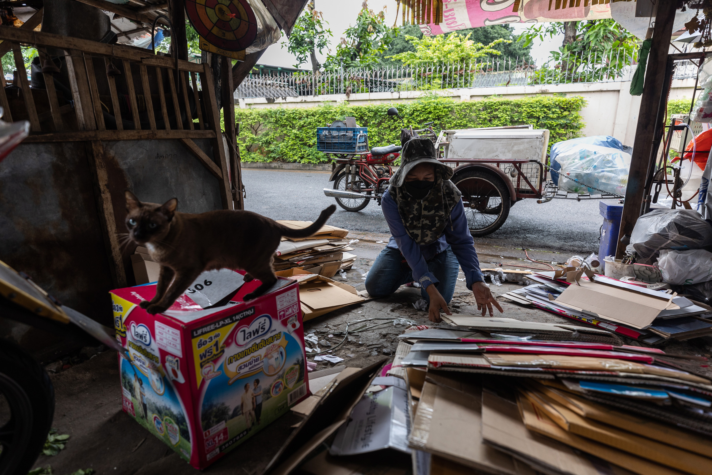 Nattida Rerkyanyong sorts the cardboard she recently collected before selling it to a local recycling center.