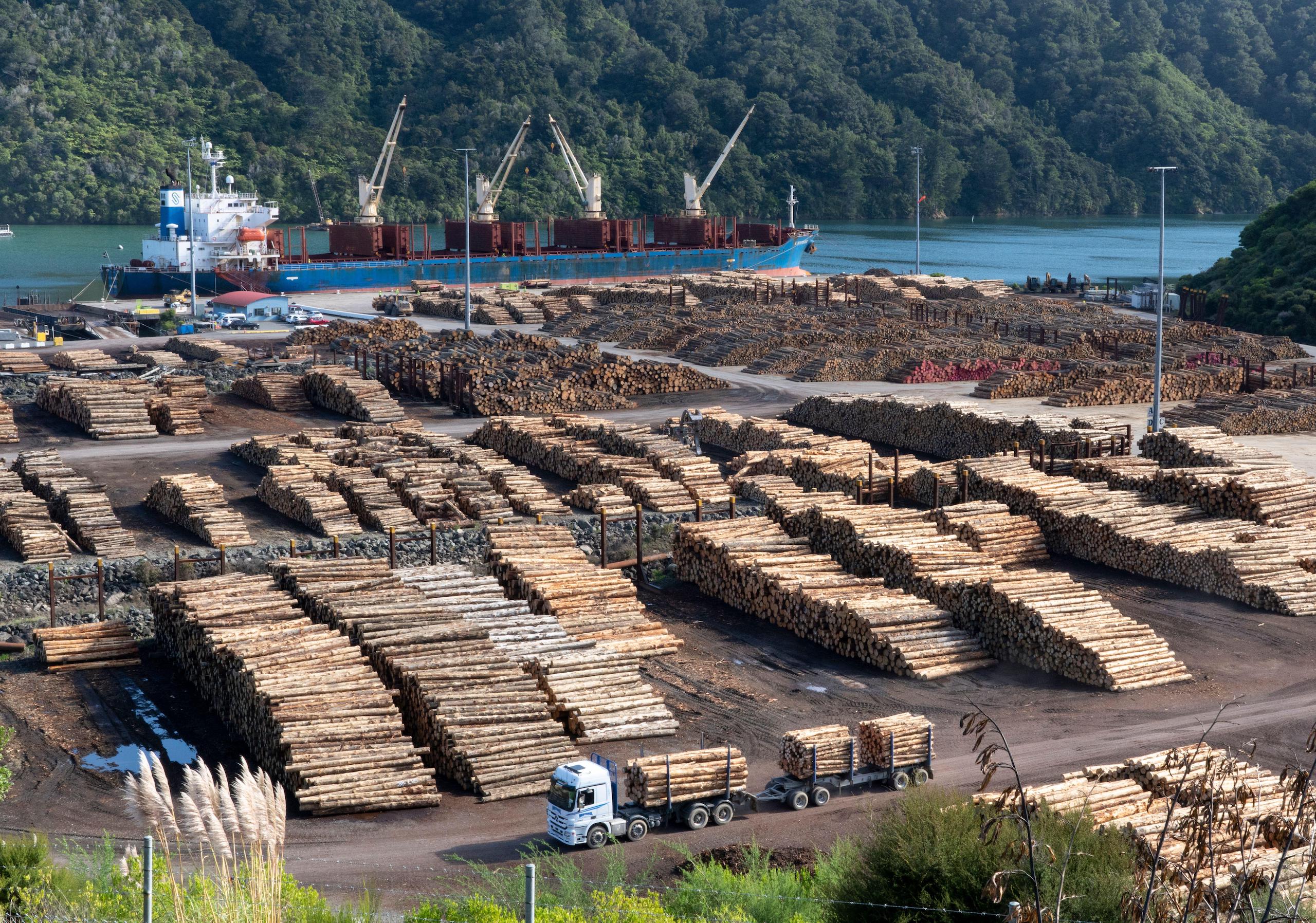 Export timber bound for China, Picton, New Zealand. 12th Apr, 2021. Logs being prepared for loading on the vessel 'K Winner', bound for China at the Shakespeare Bay Wharf in Picton, New Zealand. According to recent reports New Zealand wood processing indu