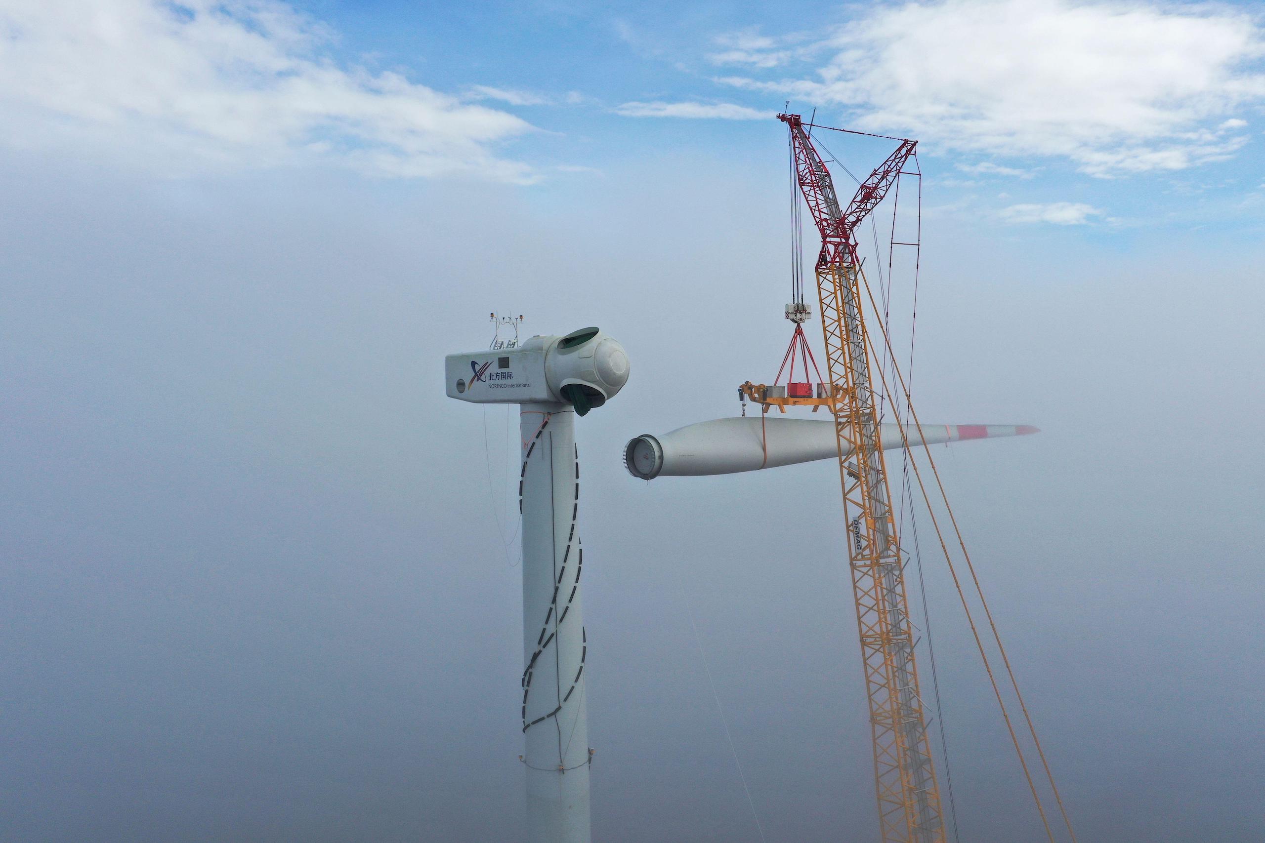 Assembling a wind turbine at the joint Chinese–Croatian Senj Wind Farm project in Croatia’s Velebit Mountains