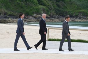 <p>Canada’s Justin Trudeau, the United States’ Joe Biden and France’s Emmanuel Macron at the G7 summit in June last year, where the B3W initiative was announced. The US has tried to rally G7 nations around the project, though it is unclear whether it can provide competition to China’s Belt and Road Initiative. (Image: Leon Neal / Alamy)</p>
