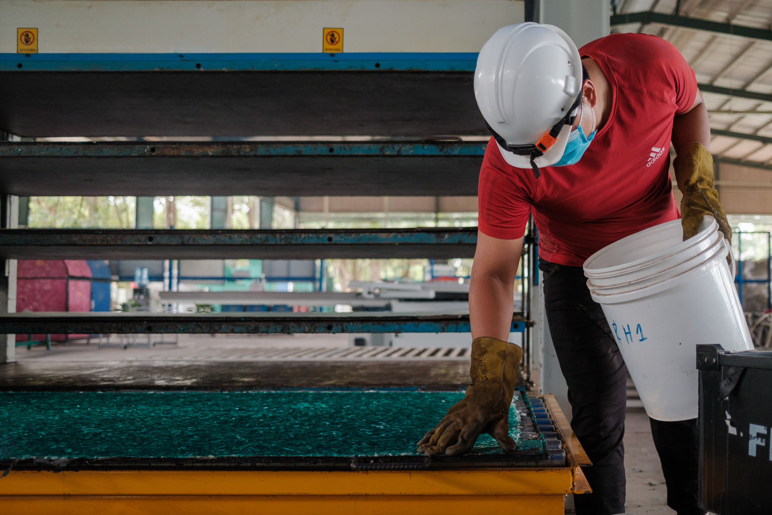 The shredded plastic is then pressed into boards that can be used to make furniture, waste bins and other objects