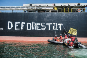 <p>Greenpeace activists paint STOP DEFORESTATION on a ship bringing soy to France from the Cerrado region of Brazil. The savannah biome has seen record deforestation in recent years, as land is cleared for soybean monoculture. (Image © Simon Lambert / Greenpeace)</p>