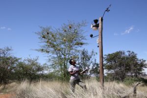 <p>南非卡拉哈里，野生动物保护专家基冯·朱姆班（Keafon Jumbam）正在读取一个气象站的数据。发展中国家的声音在国际气候科学中严重缺位。图片来源：Kristin Palitza / Alamy</p>