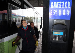 <p>在上海的一个加油站，工作人员正在给公交车加B5生物柴油。图片来源：Pei Xin / Alamy</p>
