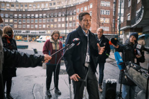 Frode Pleym, Head of Greenpeace in Norway, is interviewed by the media after receiving the judgement from the Supreme Court of Norway, in the case of Greenpeace and Nature and Youth versus the Norwegian government.