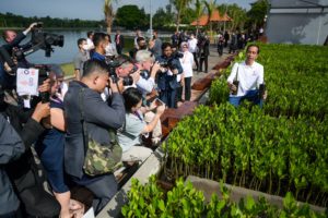 Indonesian President Joko Widodo shows mangrove seeding area at G20