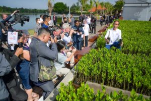 <p>Indonesian President Joko Widodo shows off a mangrove seedling area to journalists as part of the G20 summit on 16 November (Image: Alex Brandon / Alamy)</p>