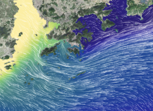 digital map of coastline with ocean in shades of yellow, green and blue